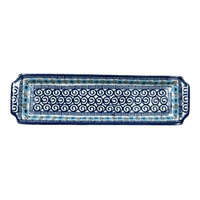 A picture of a Polish Pottery 16" x 4.5" Rectangular Tray (Blue Daisy Spiral) | NDA203-38 as shown at PolishPotteryOutlet.com/products/16-x-4-5-rectangular-tray-blue-daisy-spiral-nda203-38