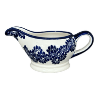 A picture of a Polish Pottery Zaklady 16 oz. Gravy Boat (Blue Floral Vines) | Y1258-D1210A as shown at PolishPotteryOutlet.com/products/45-liter-gravy-boat-blue-floral-vines-y1258-d1210a