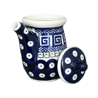 A picture of a Polish Pottery Zaklady Soy Sauce Pitcher (Grecian Dot) | Y1947-D923 as shown at PolishPotteryOutlet.com/products/soy-sauce-pitcher-grecian-dot-y1947-d923