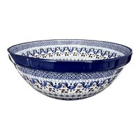 A picture of a Polish Pottery CA 9" Kitchen Bowl (Blue Ribbon) | A056-1026X as shown at PolishPotteryOutlet.com/products/9-bowl-blue-ribbon-a056-1026x