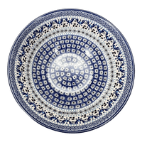 A picture of a Polish Pottery CA 9" Kitchen Bowl (Blue Ribbon) | A056-1026X as shown at PolishPotteryOutlet.com/products/9-bowl-blue-ribbon-a056-1026x