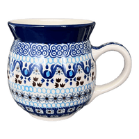 A picture of a Polish Pottery CA 16 oz. Belly Mug (Blue Ribbon) | A073-1026X as shown at PolishPotteryOutlet.com/products/large-belly-mug-blue-ribbon-a073-1026x