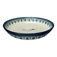 A picture of a Polish Pottery CA 12.75" Wide Shallow Bowl (Peacock Plume) | A115-2218X as shown at PolishPotteryOutlet.com/products/12-75-wide-shallow-bowl-peacock-plume-a115-2218x