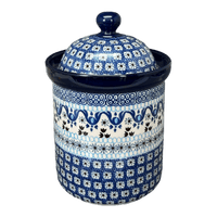 A picture of a Polish Pottery CA 1.3 Liter Canister (Blue Ribbon) | A492-1026X as shown at PolishPotteryOutlet.com/products/1-3-liter-canister-blue-ribbon-a492-1026x