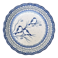 A picture of a Polish Pottery CA 10" Quiche/Pie Dish (Bullfinch on Blue) | A636-U4830 as shown at PolishPotteryOutlet.com/products/10-quiche-pie-dish-bullfinch-on-blue-a636-u4830