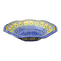 A picture of a Polish Pottery CA 13.5" Fluted Bowl (Pansy Garden) | A801-U2554 as shown at PolishPotteryOutlet.com/products/13-5-fluted-bowl-pansy-garden-a801-u2554