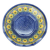 A picture of a Polish Pottery CA 13.5" Fluted Bowl (Pansy Garden) | A801-U2554 as shown at PolishPotteryOutlet.com/products/13-5-fluted-bowl-pansy-garden-a801-u2554
