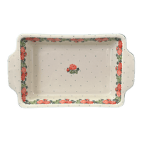 A picture of a Polish Pottery Rectangular Casserole W/Handles (Classic Rose) | AA59-2120Q as shown at PolishPotteryOutlet.com/products/rectangular-casserole-w-handles-classic-rose-aa59-2120q