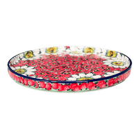 A picture of a Polish Pottery Round Tray (Regal Daisies - Red) | AE93-U4725 as shown at PolishPotteryOutlet.com/products/round-tray-regal-daisies-red-ae93-u4725