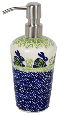 A picture of a Polish Pottery 7" Soap Dispenser (Bunny Love) | B009T-P324 as shown at PolishPotteryOutlet.com/products/liquid-soap-dispenser-bunny-love