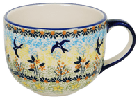 A picture of a Polish Pottery Latte Cup (Soaring Swallows) | F044S-WK57 as shown at PolishPotteryOutlet.com/products/large-latte-soup-cups-soaring-swallows