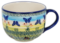 A picture of a Polish Pottery Latte Cup (Butterflies in Flight) | F044S-WKM as shown at PolishPotteryOutlet.com/products/large-latte-soup-cups-butterflies-in-flight