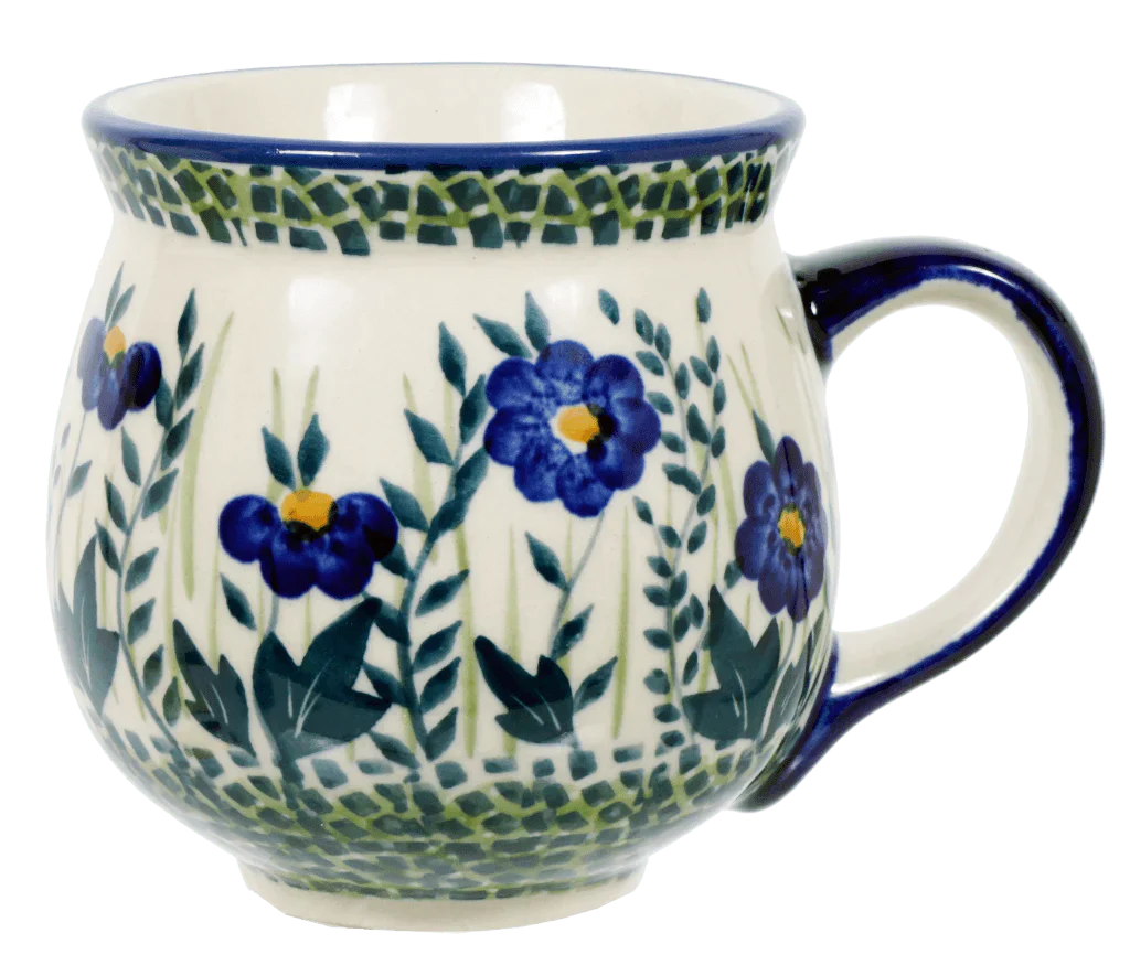 Mug, Belly Mug, 10 oz Medium in "Bouncing Blue Blossoms" by Manufaktura | K090U-IM03