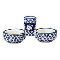 A picture of a Polish Pottery Salt & Pepper Cellar (Kitty Cat Path) | M067T-KOT6 as shown at PolishPotteryOutlet.com/products/divided-salt-pepper-cellar-kitty-cat-path-m067t-kot6