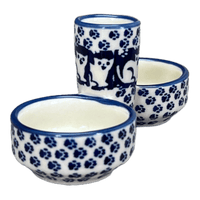 A picture of a Polish Pottery Salt & Pepper Cellar (Kitty Cat Path) | M067T-KOT6 as shown at PolishPotteryOutlet.com/products/divided-salt-pepper-cellar-kitty-cat-path-m067t-kot6
