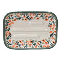 A picture of a Polish Pottery Soap Dish (Peach Blossoms) | M191S-AS46 as shown at PolishPotteryOutlet.com/products/rectangular-soap-dish-peach-blossoms-m191s-as46