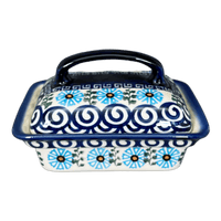 A picture of a Polish Pottery 5.5" x 4.75" Butter Dish (Blue Daisy Spiral) | NDA14-38 as shown at PolishPotteryOutlet.com/products/butter-dish-blue-daisy-spiral-nda14-38