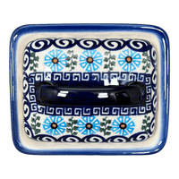 A picture of a Polish Pottery 5.5" x 4.75" Butter Dish (Blue Daisy Spiral) | NDA14-38 as shown at PolishPotteryOutlet.com/products/butter-dish-blue-daisy-spiral-nda14-38