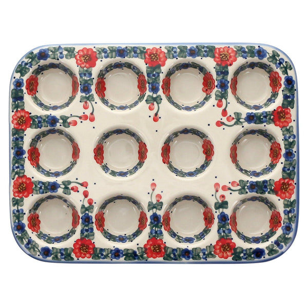 Polish Pottery Muffin Pan -- Diamond Lattice