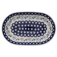 A picture of a Polish Pottery 7"x11" Oval Roaster (Periwinkle Chain) | P099T-P213 as shown at PolishPotteryOutlet.com/products/7x11-oval-roaster-periwinkle-chain
