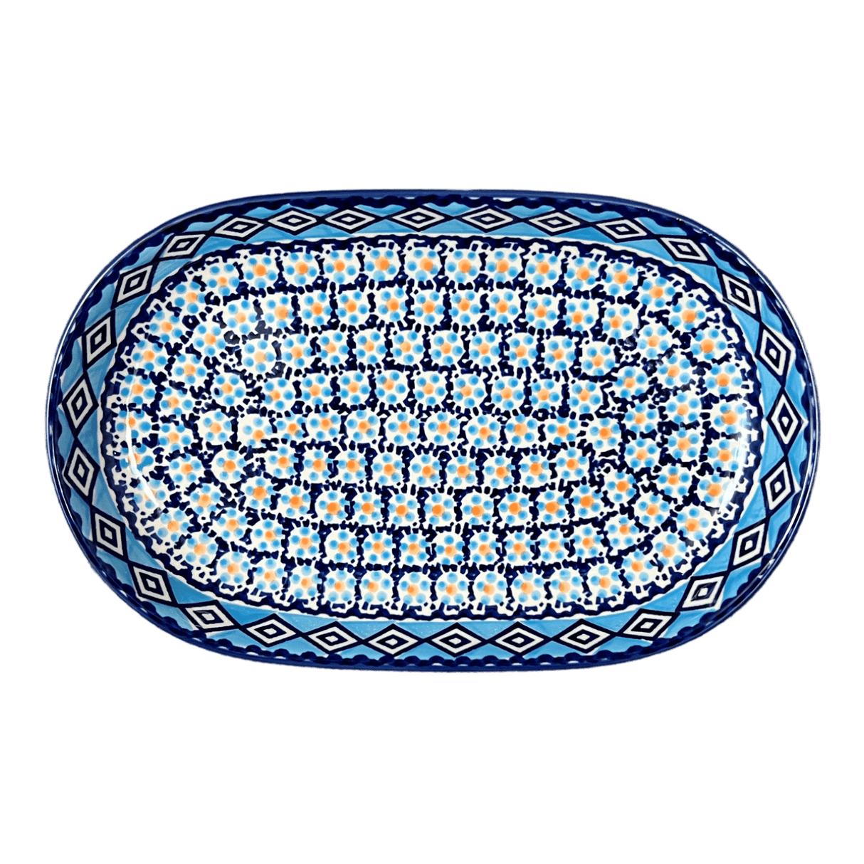 Plate, Roaster, Oval, 7"x11" in "Blue Diamond" by Manufaktura | P099U-DHR