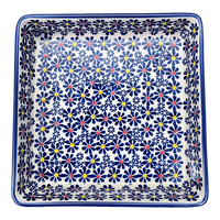 A picture of a Polish Pottery 8" Square Baker (Field of Daisies) | P151S-S001 as shown at PolishPotteryOutlet.com/products/8-square-baker-field-of-daisies-p151s-s001