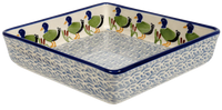 A picture of a Polish Pottery 8" Square Baker (Ducks in a Row) | P151U-P323 as shown at PolishPotteryOutlet.com/products/8-x-4-rectangular-baker-ducks-in-a-row