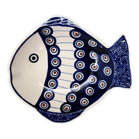 A picture of a Polish Pottery Small Fish Platter (Peacock in Line) | S014T-54A as shown at PolishPotteryOutlet.com/products/small-fish-platter-peacock-in-line-s014t-54a