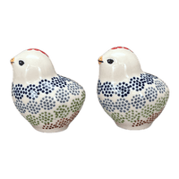A picture of a Polish Pottery Salt and Pepper Birds (Speckled Rainbow) | S087M-AS37 as shown at PolishPotteryOutlet.com/products/salt-pepper-birds-speckled-rainbow-s087m-as37
