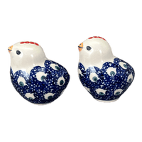 A picture of a Polish Pottery Salt and Pepper Birds (Night Eyes) | S087T-57 as shown at PolishPotteryOutlet.com/products/salt-pepper-birds-night-eyes-s087t-57