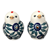 A picture of a Polish Pottery Salt and Pepper Birds (Peacock Parade) | S087U-AS60 as shown at PolishPotteryOutlet.com/products/salt-pepper-birds-peacock-parade-s087u-as60