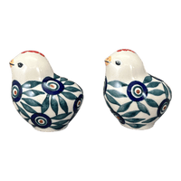 A picture of a Polish Pottery Salt and Pepper Birds (Peacock Parade) | S087U-AS60 as shown at PolishPotteryOutlet.com/products/salt-pepper-birds-peacock-parade-s087u-as60