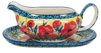 A picture of a Polish Pottery 14 oz. Gravy Boat (Poppies in Bloom) | S119S-JZ34 as shown at PolishPotteryOutlet.com/products/gravy-boat-poppies-in-bloom