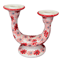 A picture of a Polish Pottery Two-Arm Candlestick (Scarlet Daisy) | S134U-AS73 as shown at PolishPotteryOutlet.com/products/two-armed-candle-holder-scarlet-daisy-s134u-as73