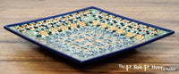 A picture of a Polish Pottery 7" Square Dessert Plate (Perennial Garden) | T158S-LM as shown at PolishPotteryOutlet.com/products/6-square-dessert-plates-perennial-garden