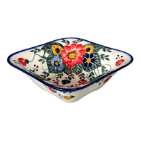 A picture of a Polish Pottery WR Small Square Bowl (Buds & Blossoms) | WR12G-MC3 as shown at PolishPotteryOutlet.com/products/small-square-bowl-buds-blossoms-wr12g-mc3