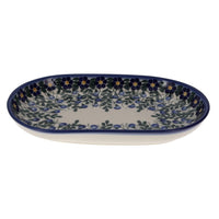 A picture of a Polish Pottery WR 7" x 11" Oval Roaster (Modern Blue Cascade) | WR13B-GP1 as shown at PolishPotteryOutlet.com/products/7-x-11-oval-roaster-gp1