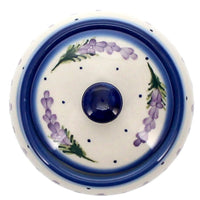 A picture of a Polish Pottery WR Round Covered Container (Lavender Fields) | WR31I-BW4 as shown at PolishPotteryOutlet.com/products/round-covered-container-lavender-fields