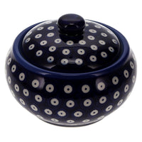 A picture of a Polish Pottery WR Round Covered Container (Dot to Dot) | WR31I-SM2 as shown at PolishPotteryOutlet.com/products/round-covered-container-dot-to-dot