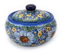A picture of a Polish Pottery WR Round Covered Container (Chamomile) | WR31I-RC4 as shown at PolishPotteryOutlet.com/products/round-covered-container-rc4