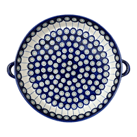 A picture of a Polish Pottery 11" Round Casserole Dish With Handles (Peacock in Line) | WR52C-SM1 as shown at PolishPotteryOutlet.com/products/11-round-casserole-dish-with-handles-peacock-in-line-wr52c-sm1