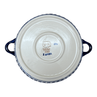 A picture of a Polish Pottery 11" Round Casserole Dish With Handles (Peacock in Line) | WR52C-SM1 as shown at PolishPotteryOutlet.com/products/11-round-casserole-dish-with-handles-peacock-in-line-wr52c-sm1
