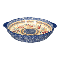 A picture of a Polish Pottery Pie Plate with Handles (Ruby Duet) | Z148S-DPLC as shown at PolishPotteryOutlet.com/products/pie-plate-with-handles-ruby-duet-z148s-dplc