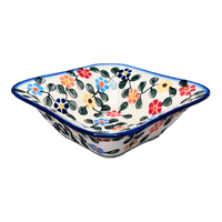 A picture of a Polish Pottery WR Small Square Bowl (Rainbow Shower) | WR12G-NP18 as shown at PolishPotteryOutlet.com/products/small-square-bowl-rainbow-shower-wr12g-np18