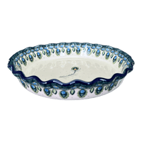 A picture of a Polish Pottery CA 10" Quiche/Pie Dish (Peacock Plume) | A636-2218X as shown at PolishPotteryOutlet.com/products/10-quiche-pie-dish-peacock-plume-a636-2218x