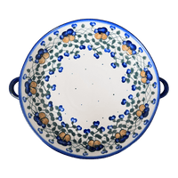 A picture of a Polish Pottery 11" Round Casserole Dish With Handles (Pansy Wreath) | WR52C-EZ2 as shown at PolishPotteryOutlet.com/products/11-round-casserole-dish-with-handles-pansy-wreath-wr52c-ez2