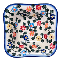 A picture of a Polish Pottery WR Small Square Bowl (Rainbow Shower) | WR12G-NP18 as shown at PolishPotteryOutlet.com/products/small-square-bowl-rainbow-shower-wr12g-np18