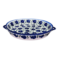 A picture of a Polish Pottery 11" Round Casserole Dish With Handles (Pansy Storm) | WR52C-EZ3 as shown at PolishPotteryOutlet.com/products/11-round-casserole-dish-with-handles-pansy-storm-wr52c-ez3