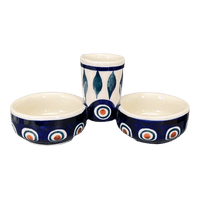 A picture of a Polish Pottery Salt & Pepper Cellar (Peacock) | M067T-54 as shown at PolishPotteryOutlet.com/products/divided-salt-pepper-cellar-peacock-m067t-54