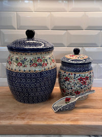 A picture of a Polish Pottery Canister, 5 Liter in "Poppy Persuasion" by Manufaktura | P084S-P265 as shown at PolishPotteryOutlet.com/products/5-liter-canister-poppy-persuasion-p084s-p265